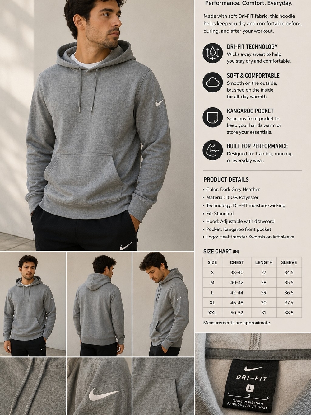 Nike Dri-FIT Fleece Hoodie Mens Large Gray Pullover Training CZ2425-063 NWT